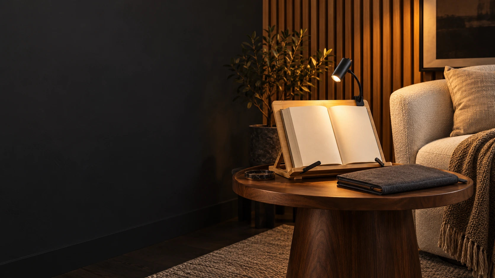 Reading accessories arranged in a warm reading space