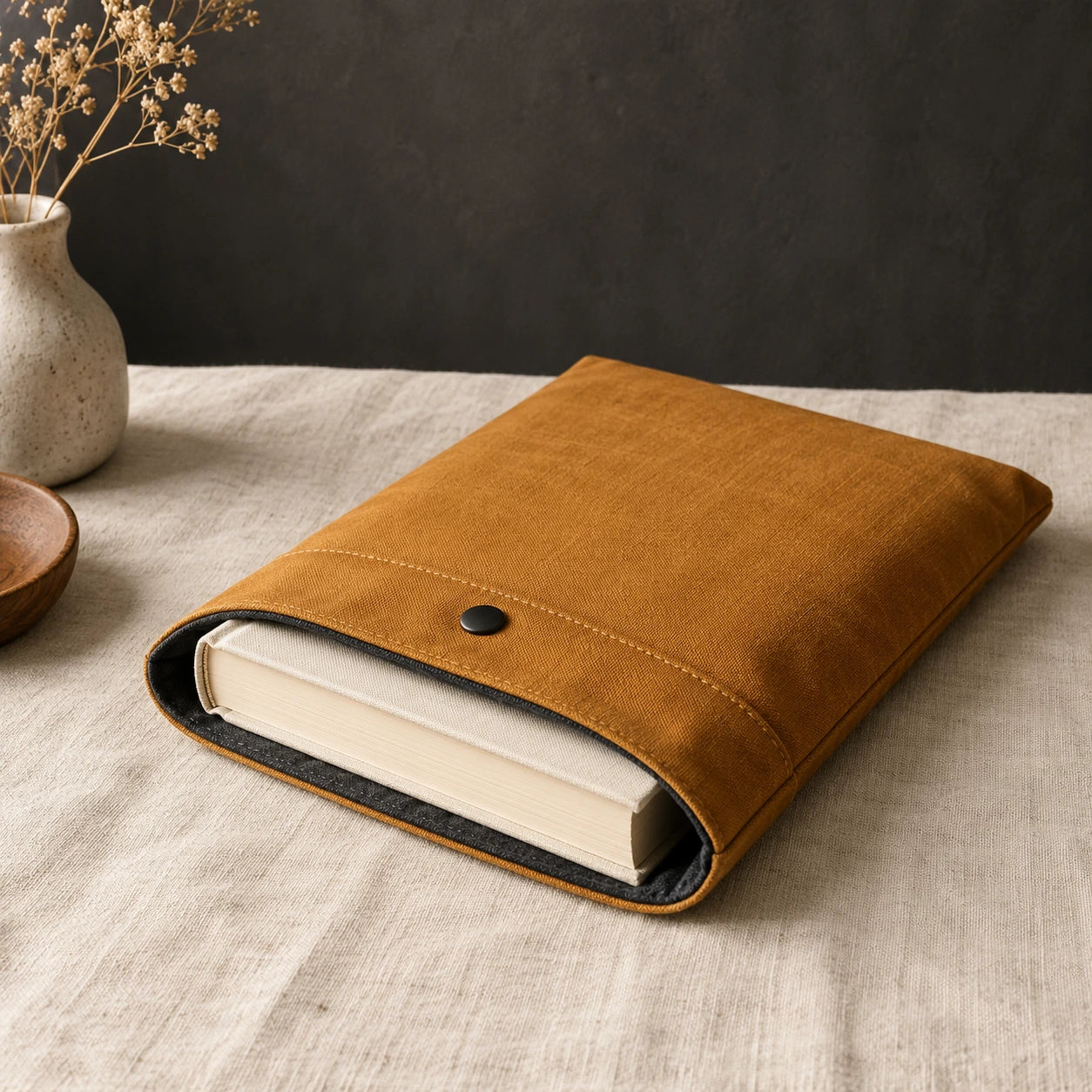 A padded book sleeve with a hardcover