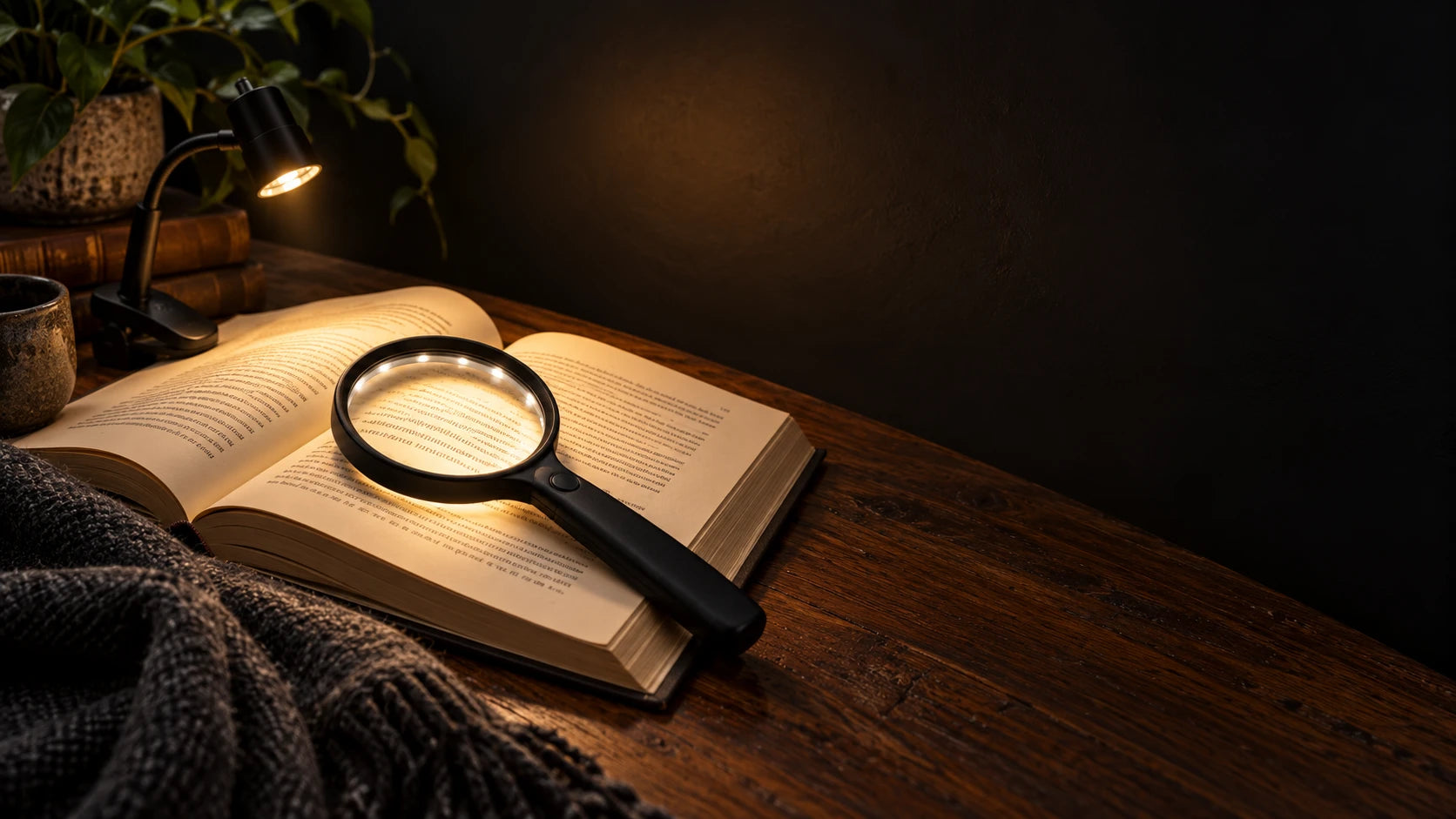 Reading accessories arranged in a warm reading space